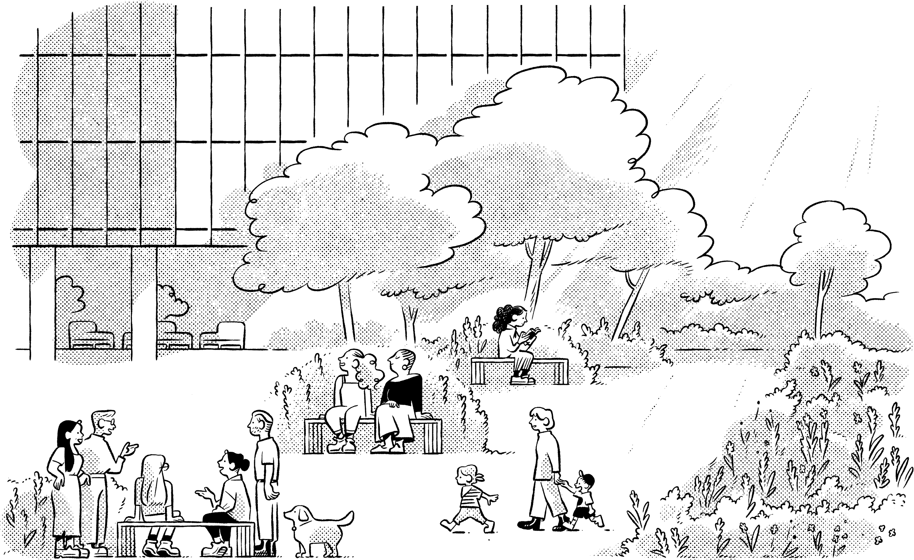 Illustration of the vibrant resitent community at CORE Rego Park's new luxury apartments in Queens, NY.