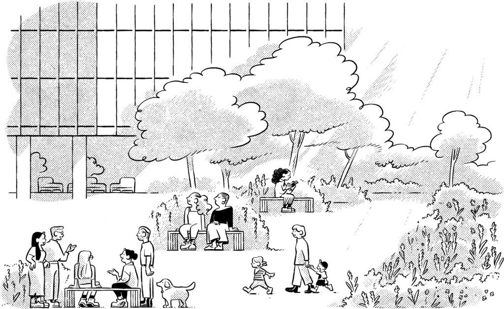 Illustration of the vibrant resitent community at CORE Rego Park's new luxury apartments in Queens, NY.