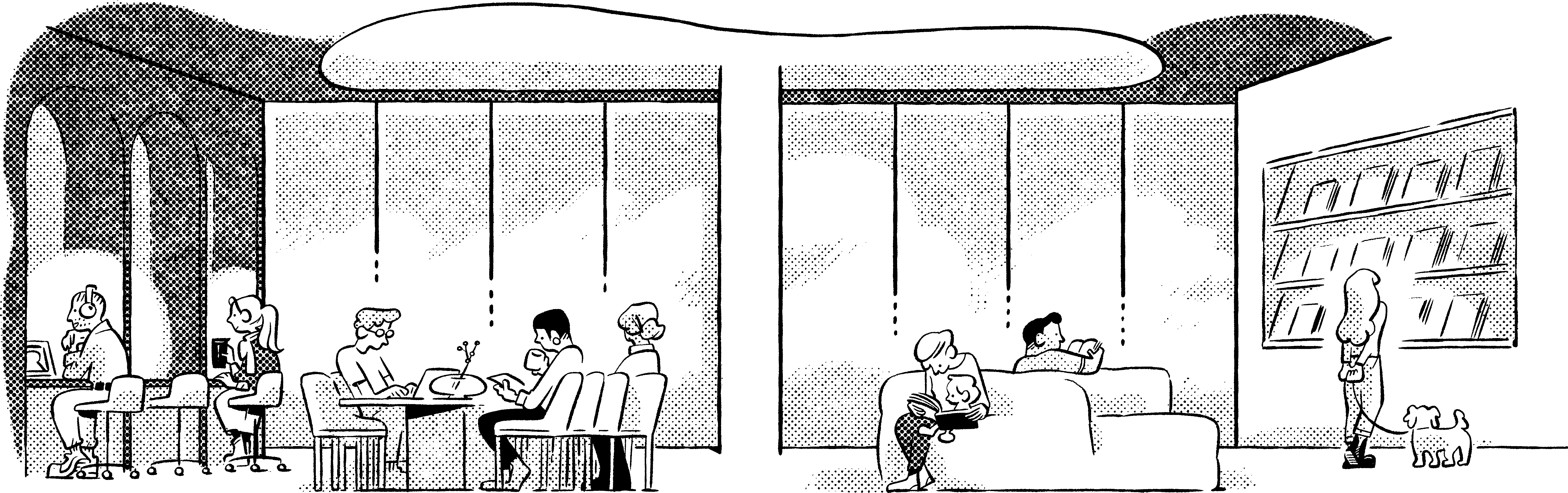 Illustration of CORE Rego Park's modern amenity spaces w/ residents utilizing coworking area & lounge for work & relaxation.