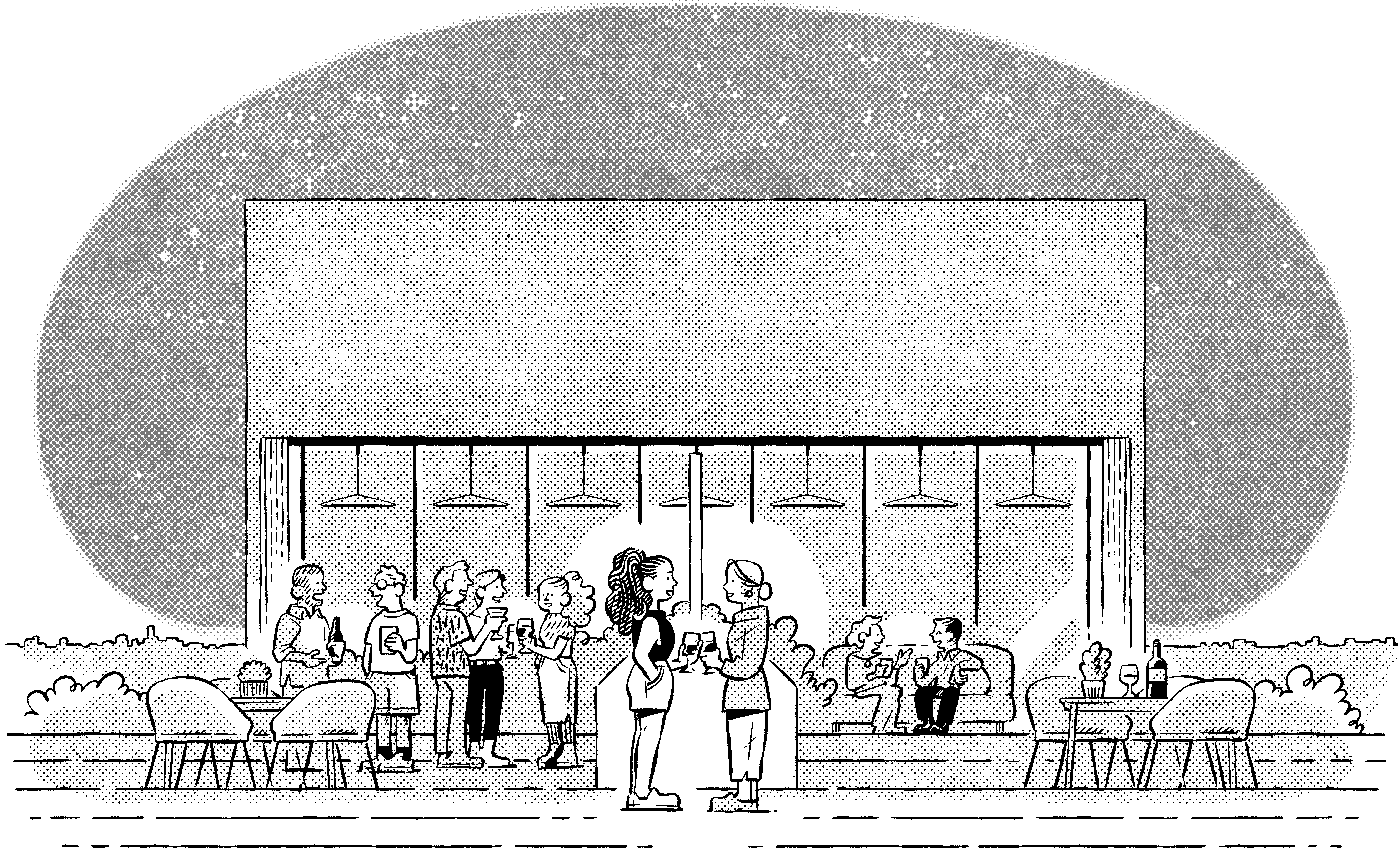 Illustration of residents gathered enjoying drinks at CORE Rego Park's rooftop deck amenity.