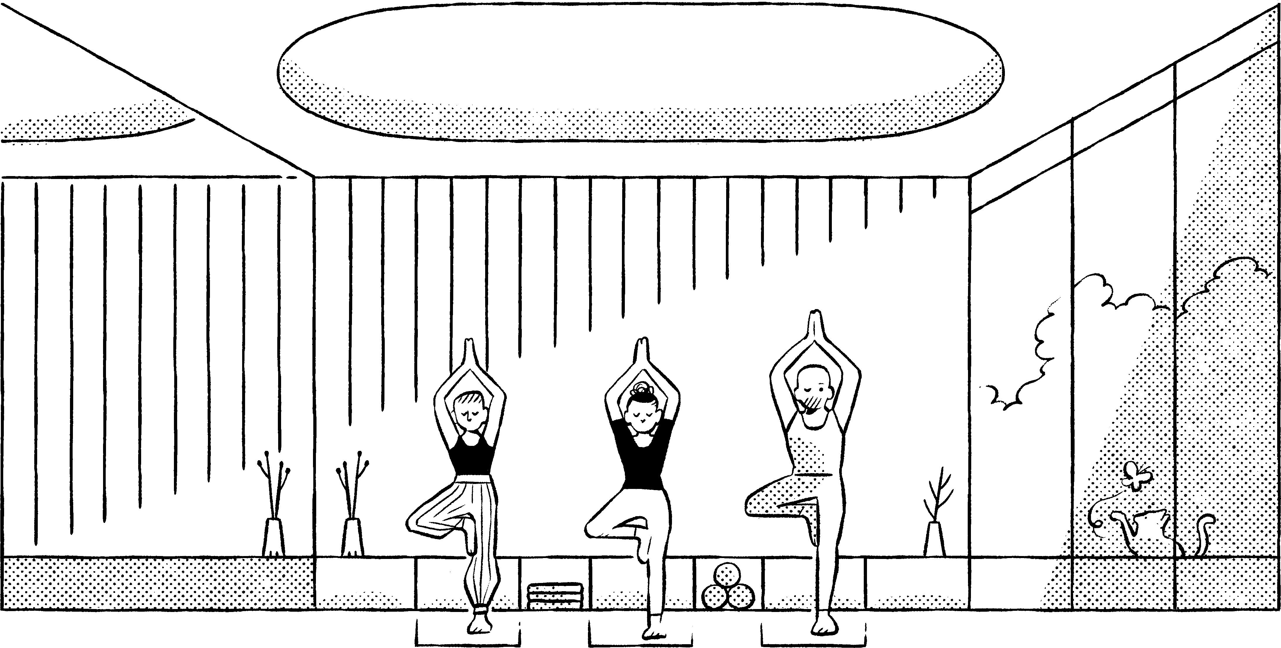 Illustration of CORE Rego Park's yoga studio fitness amenity featuring residents doing yoga.