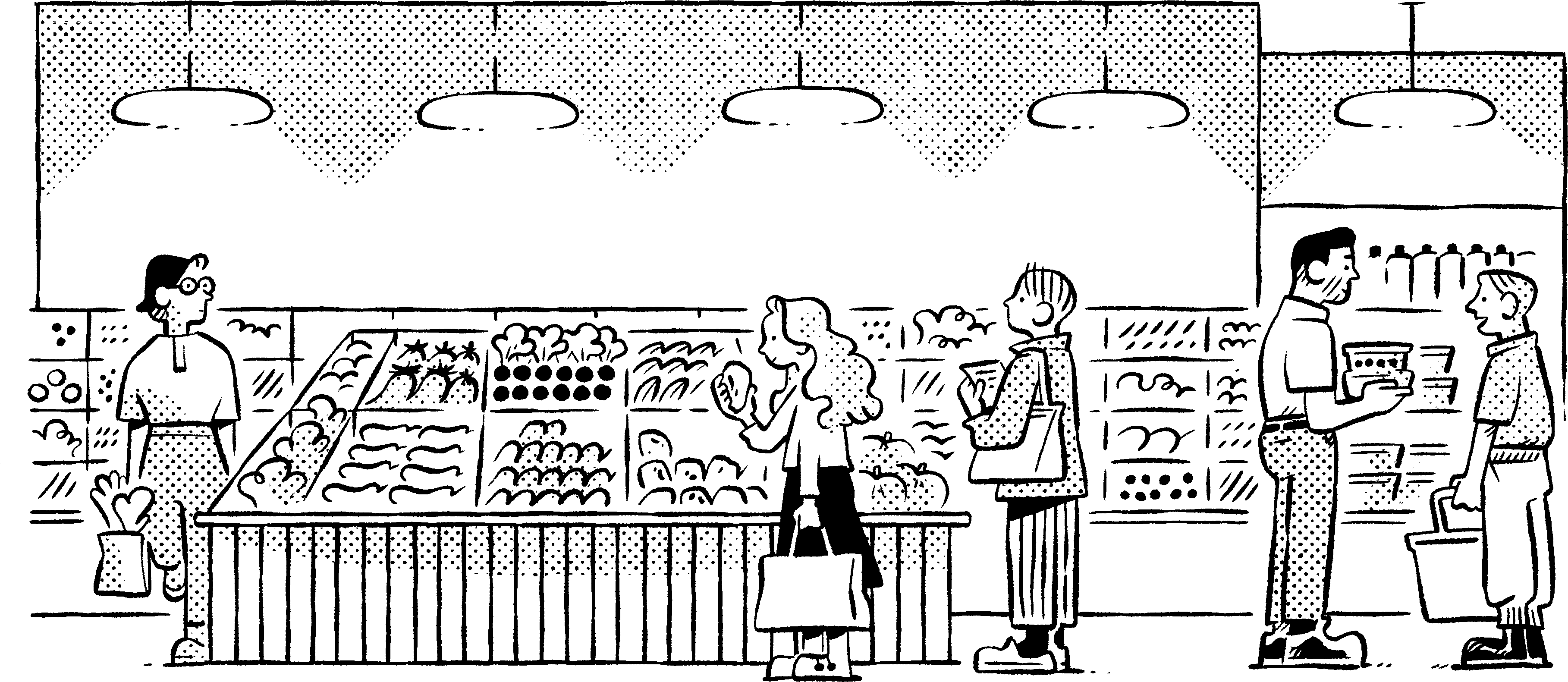 Illustration of local grocery shopping in the Rego Park, Queens neighborhood near CORE NYC's luxury apartments in Rego Park.