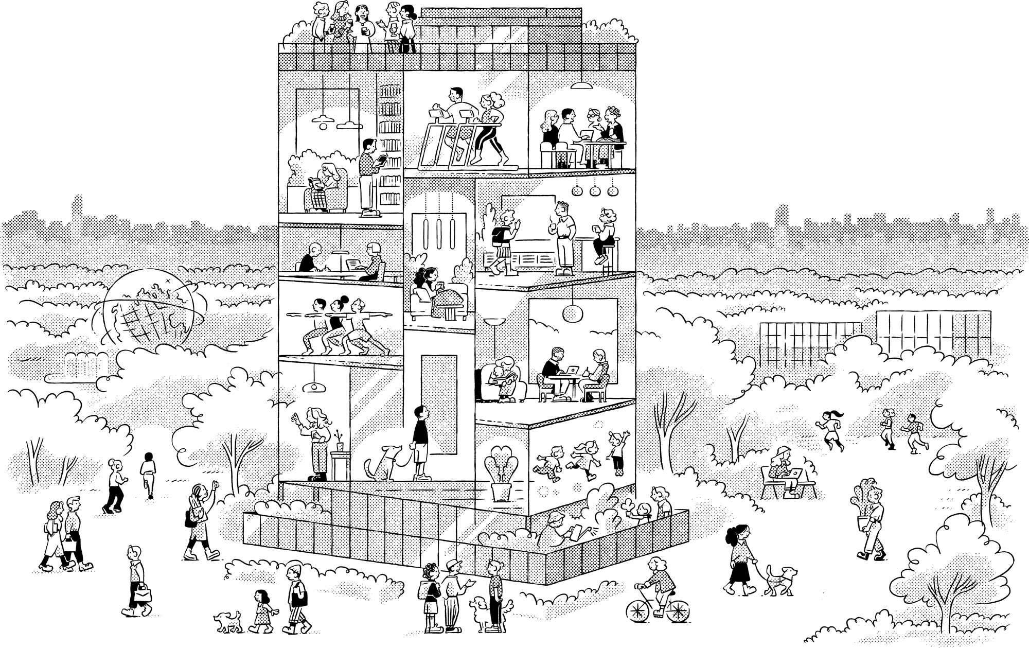 Illustration of CORE Rego Park apartments w/ residents enjoying amenities like fitness, coworking, rooftop, community spaces.