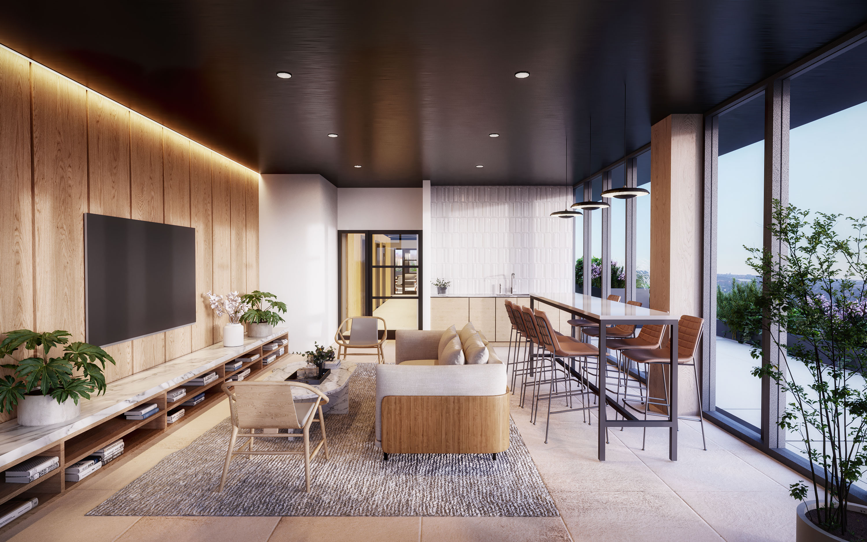 Lounge gathering area with TV, couch, and tabled seating leading out to terrace at CORE NYC apartments in Rego Park.