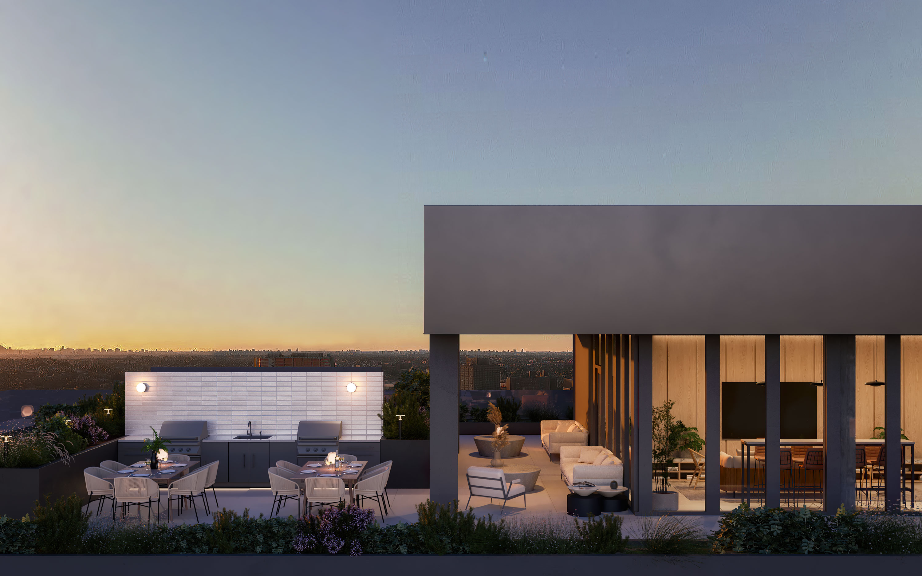 Outdoor BBQ stations and seating at CORE 22 rooftop terrace amenity at CORE Rego Park, new luxury apartments in Queens.