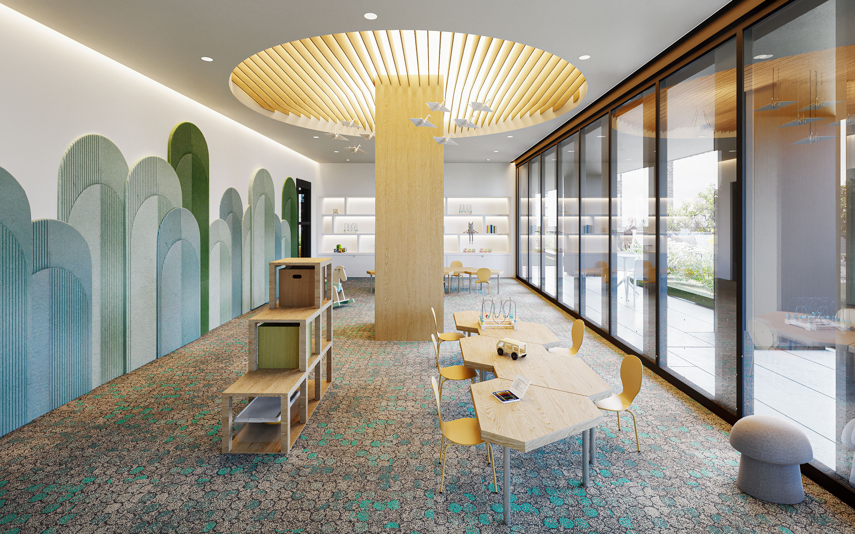 Children's playroom for young residents at CORE Rego NYC apartments in Rego Park, Queens.