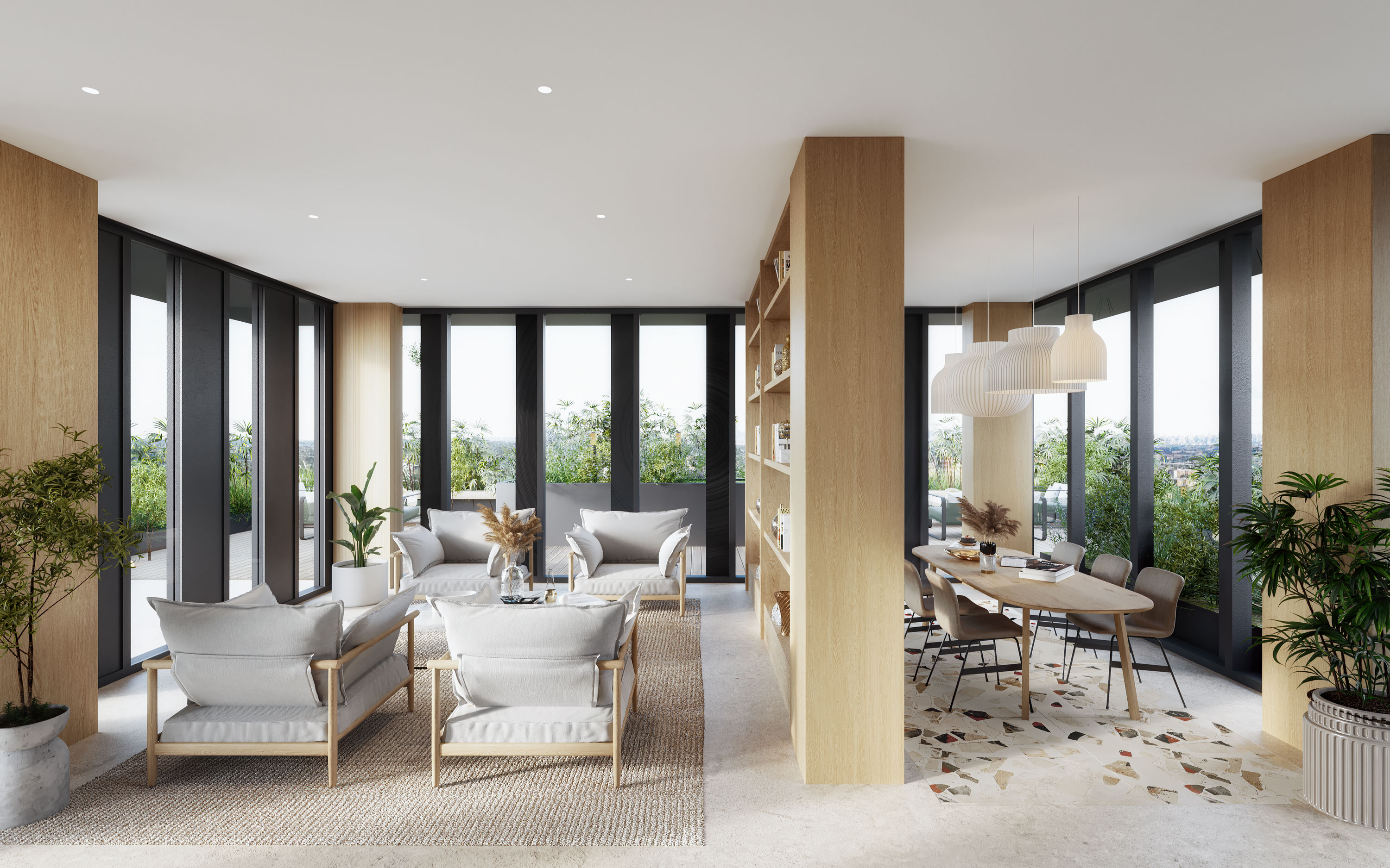 Rooftop library amenity at CORE Rego NYC apartments for rent in Rego Park, stocked with books, newspapers & magazines.