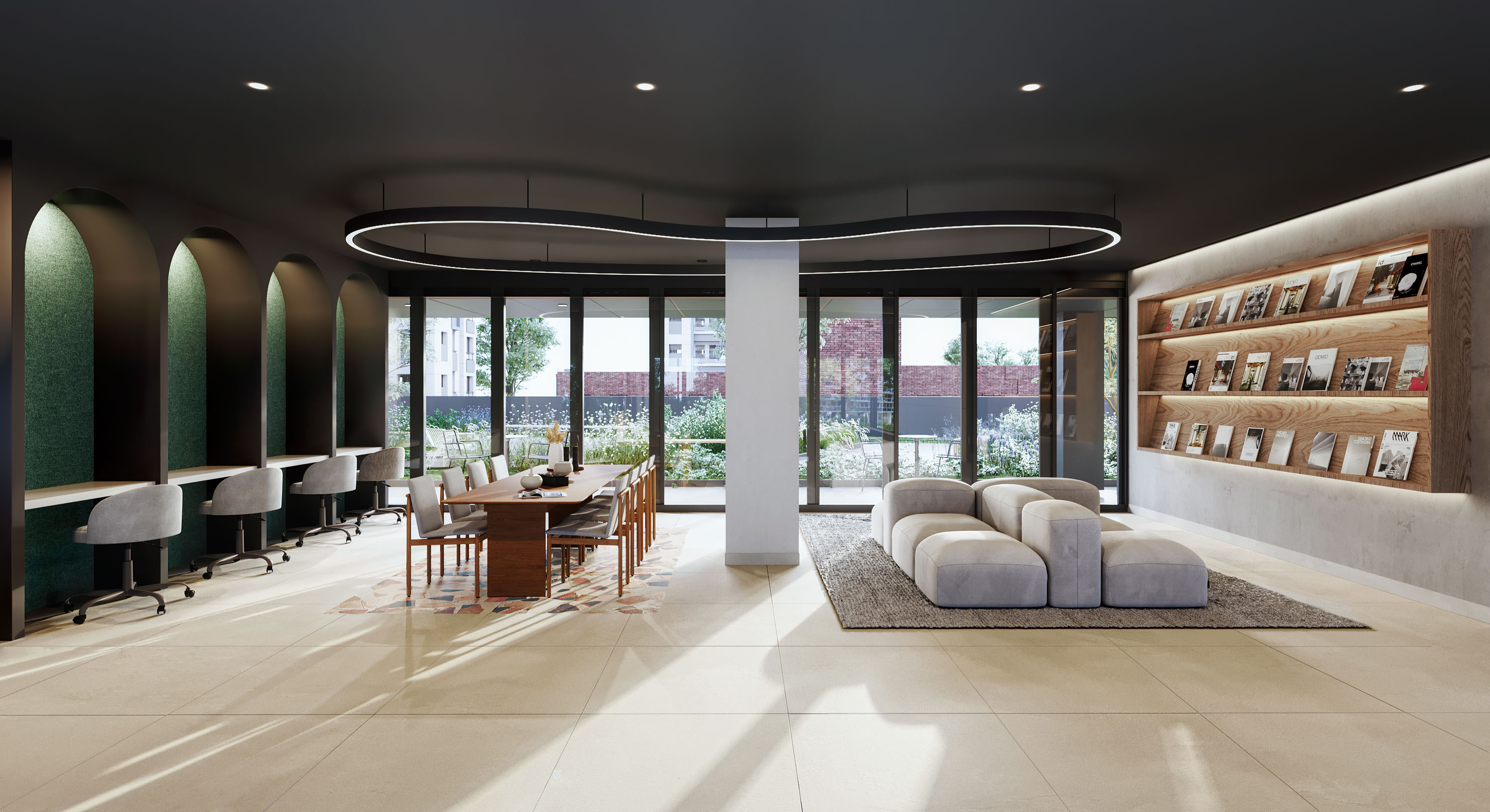 Coworking spaces with 3 areas of different privacy levels for collaborating/focusing needs at CORE Rego Park luxury rentals.