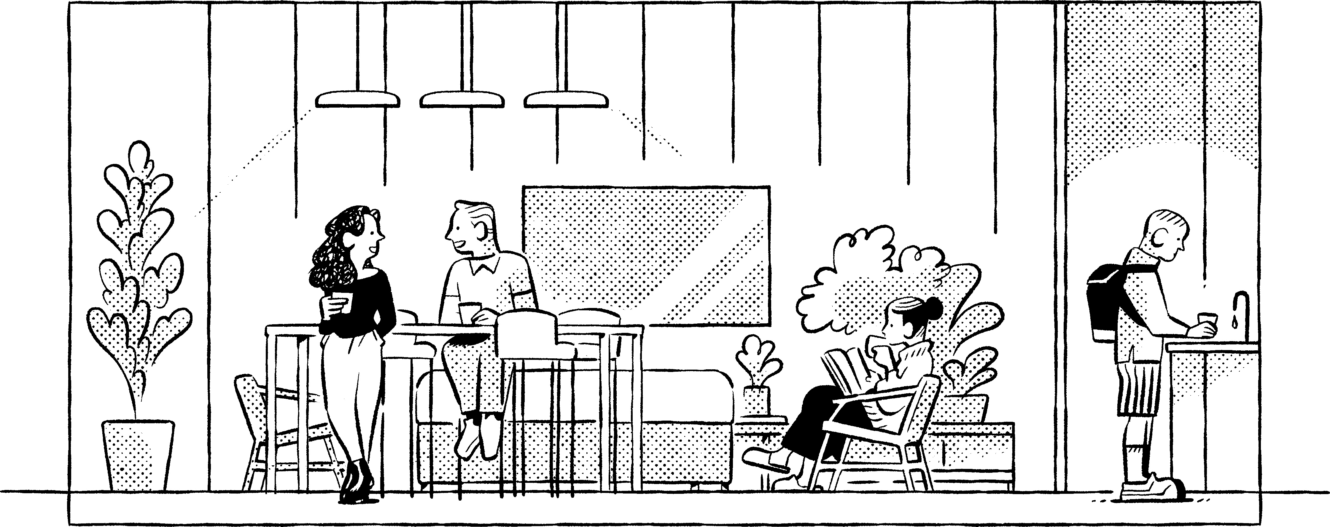 Illustration of CORE Rego Park's vibrant resident lounge amenity w/ people socializing & relaxing in modern communal spaces.