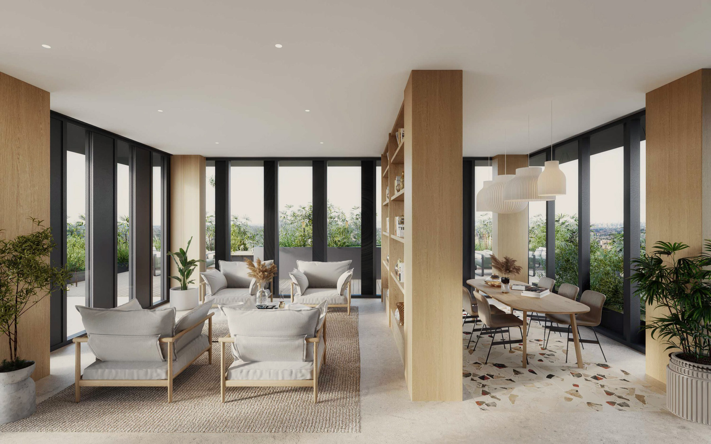 Communal amenity space at CORE Rego Park luxury apartments in Queens, featuring lounge with seatings & rooftop terrace.