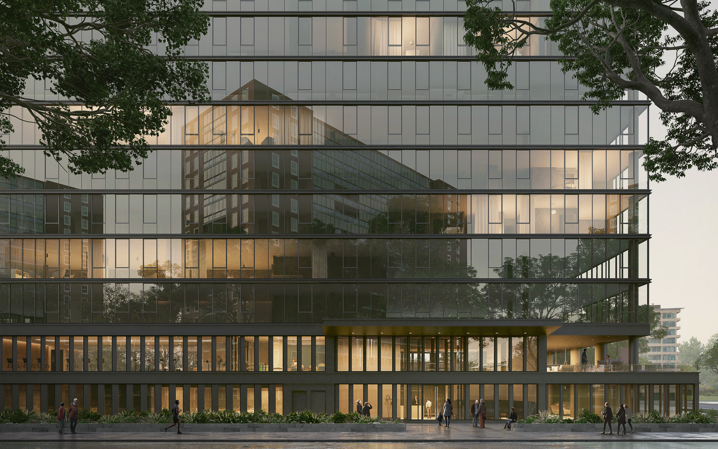 Luxurious glass exteriors of CORE Rego Park apartments showcasing 2nd floor terrace and amenity spaces.