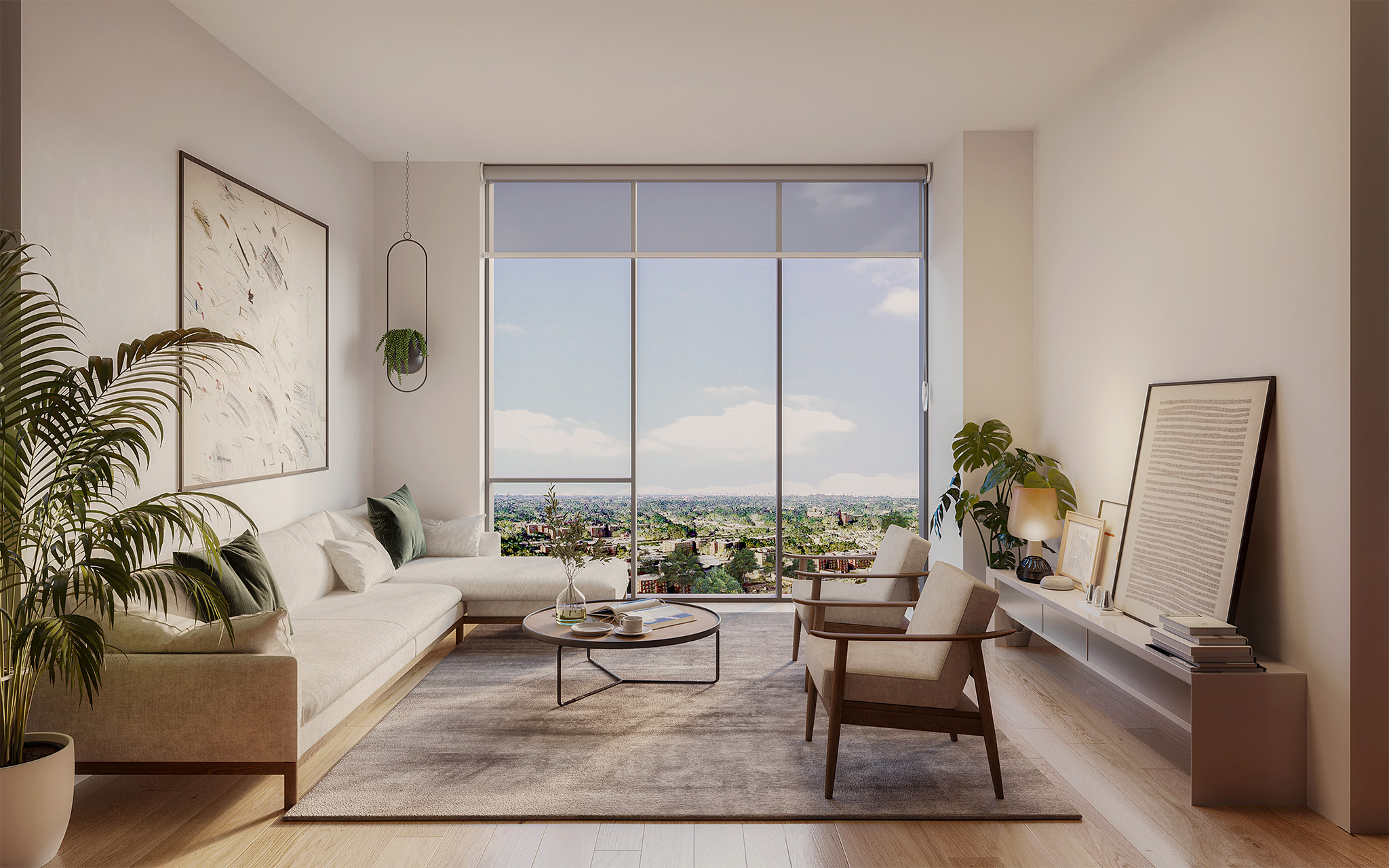 Elegant modern living room with floor-to-ceiling windows offering stunning NYC views at CORE Rego Park apartments in Queens.