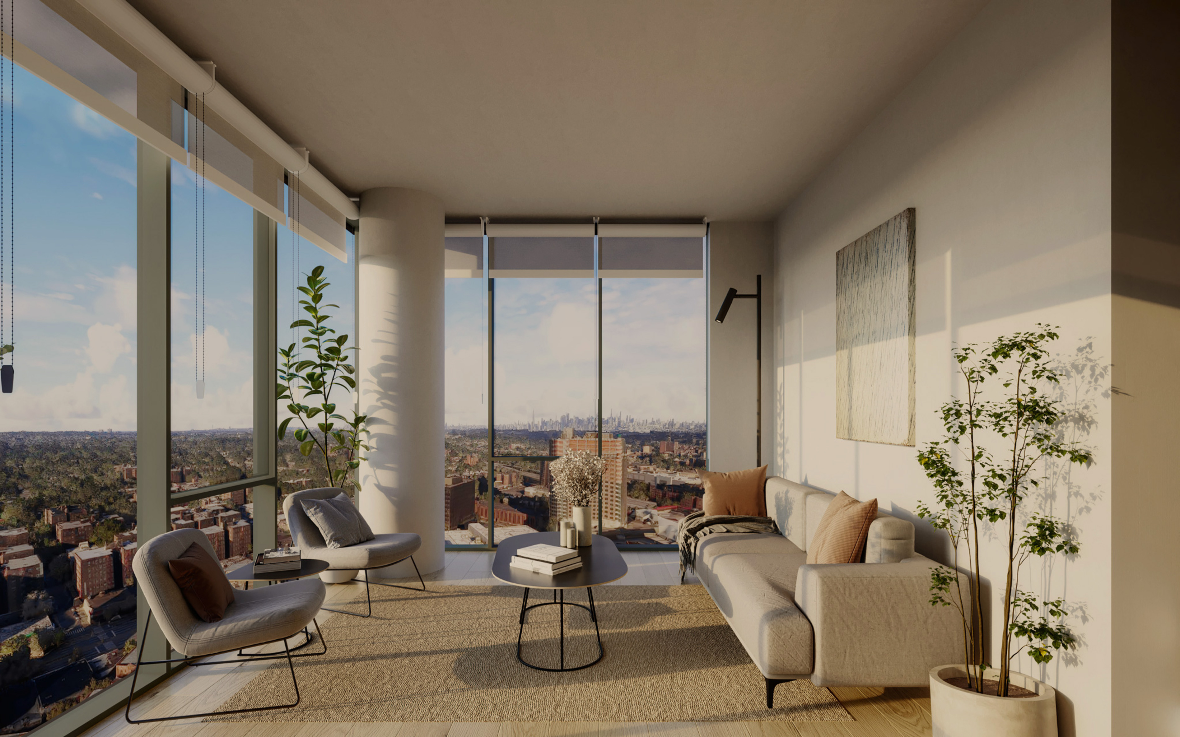 Luxury corner apartment living area w/ unparalleled panoramic city views at CORE NYC apartments in Rego Park, Queens.