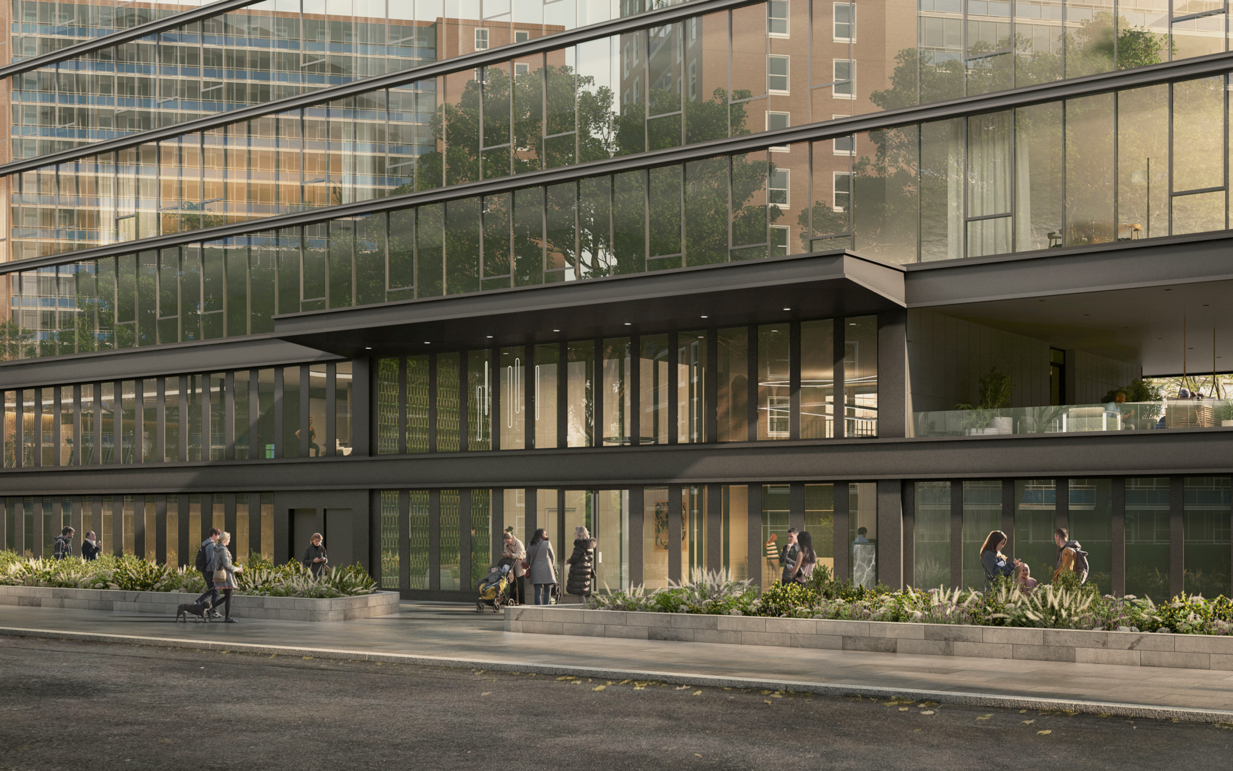 Exterior of CORE Rego NYC apartment building, showcasing outdoor spaces & modern glass facade reflecting subtle light.