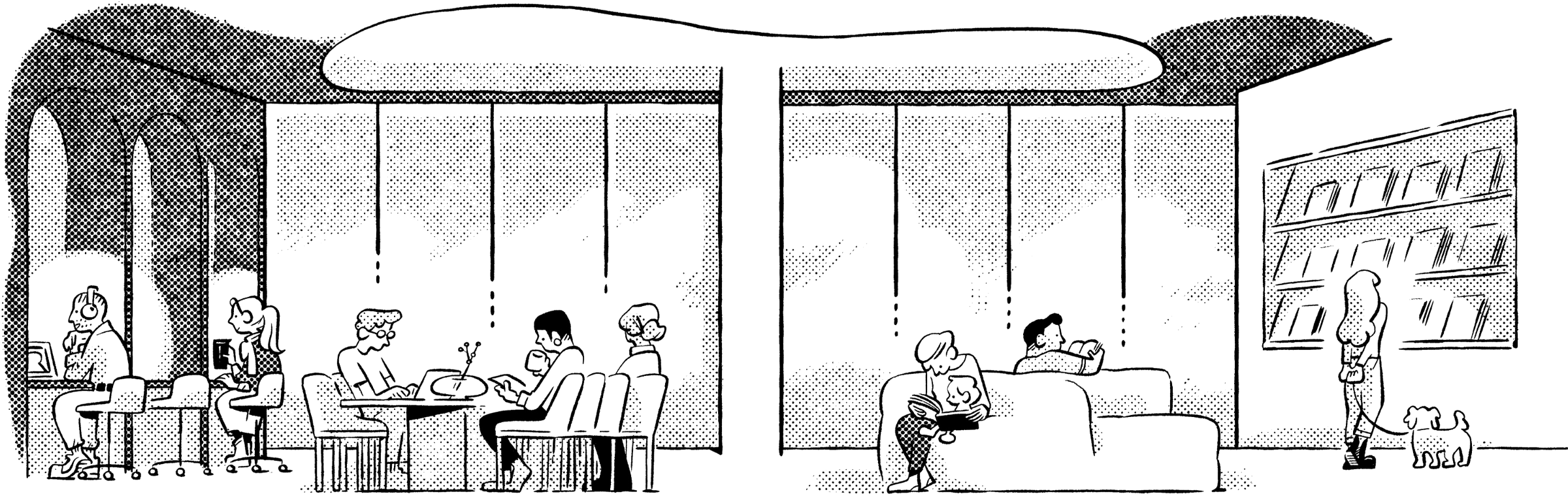 Illustration of CORE Rego Park's modern amenity spaces w/ residents utilizing coworking area & lounge for work & relaxation.