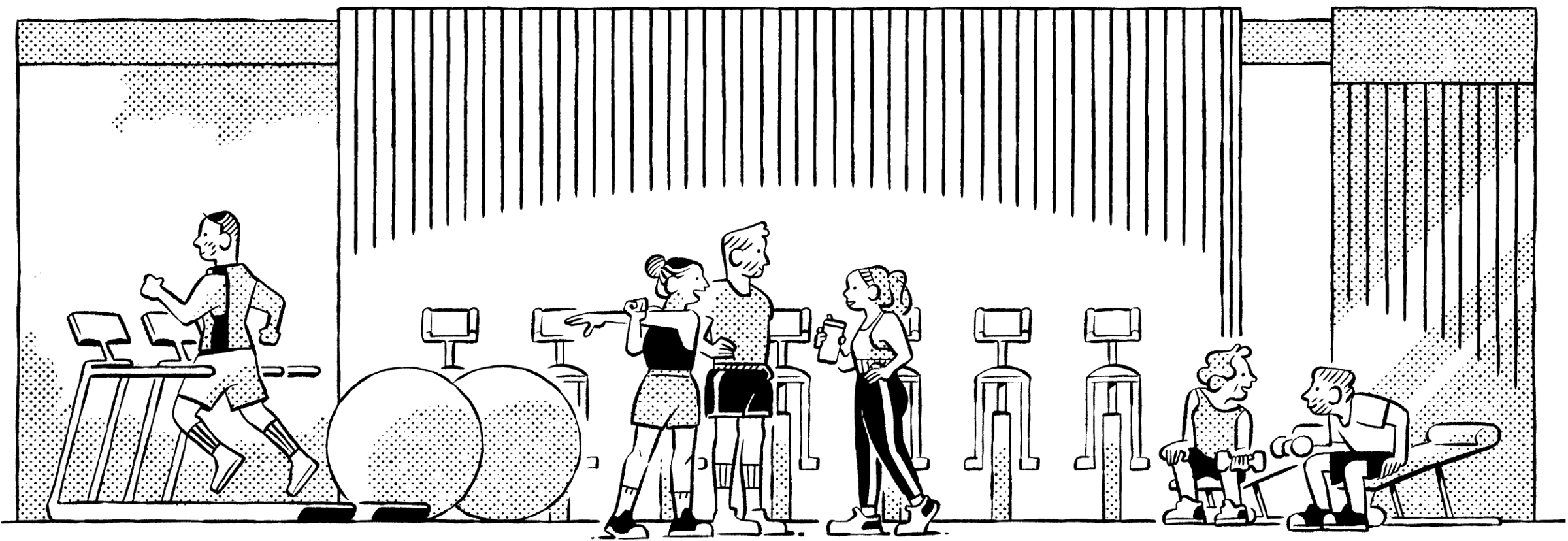 Illustration of a well-equipped fitness center for an active resident lifestyle at CORE Rego Park's apartment amenities.