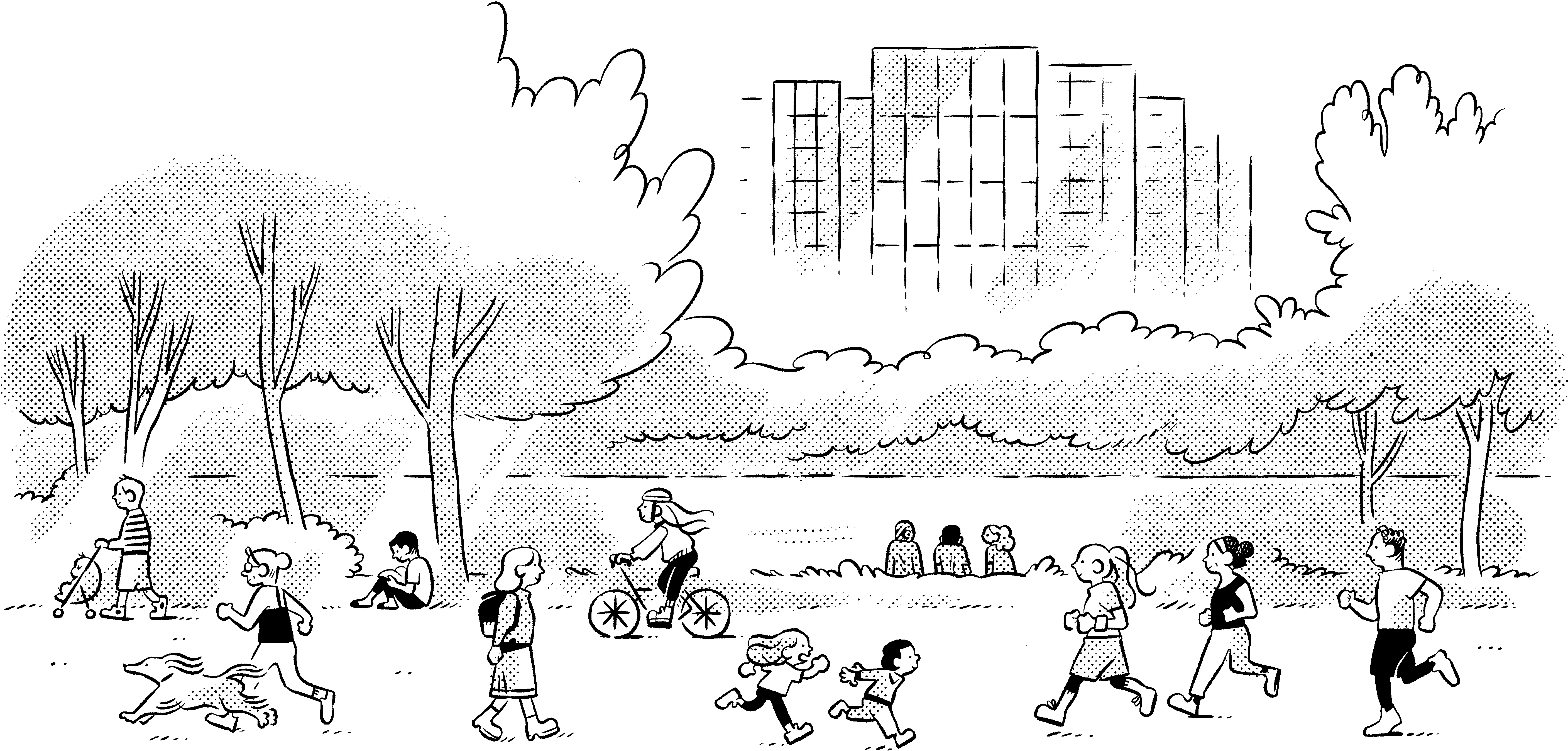 Illustration of vibrant urban park with people enjoying outdoor activities & green space near CORE Rego Park apartments.