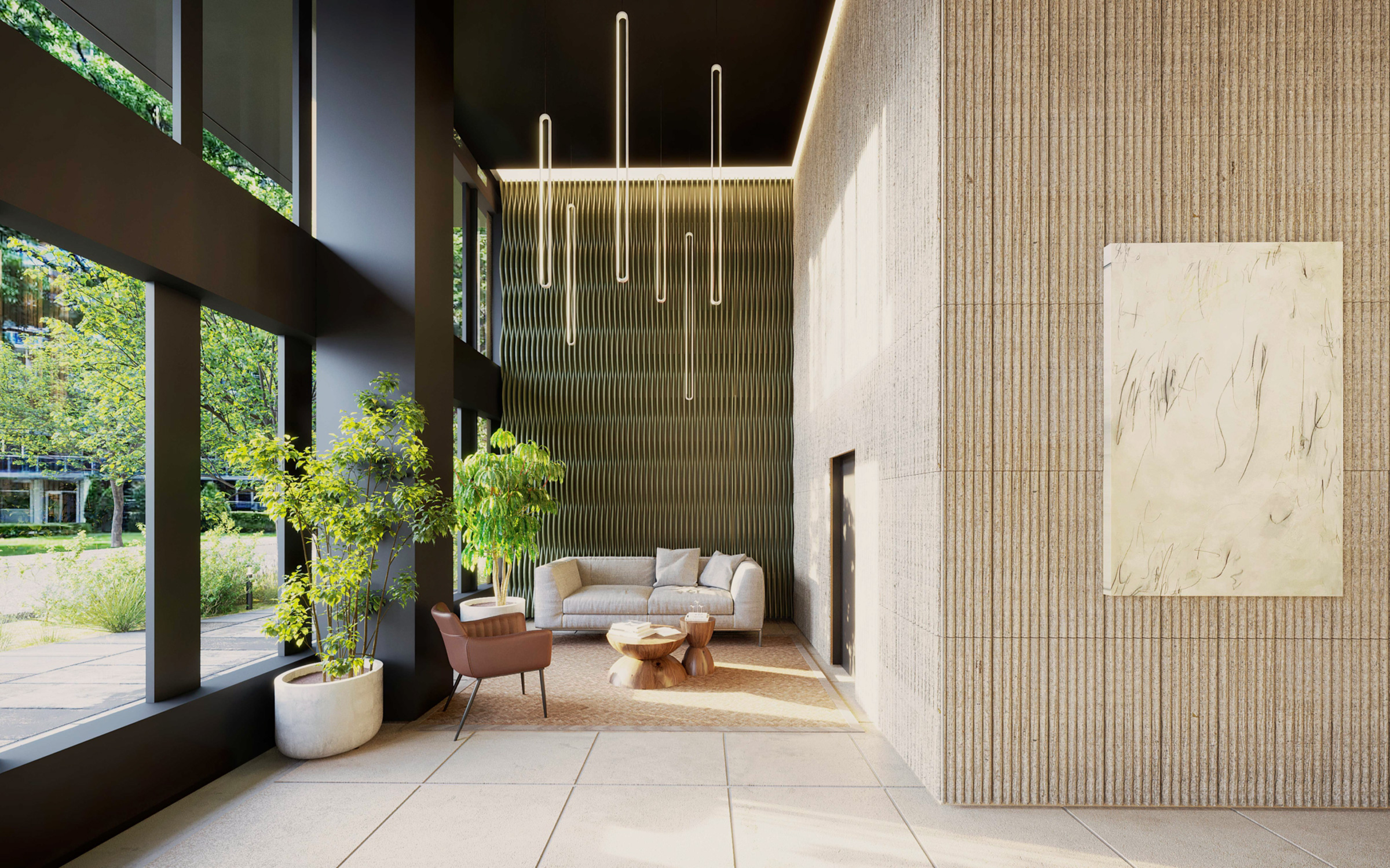 Lounge area amenity at CORE Rego Park NYC apartments, featuring couch, coffee table, large windows & elegant modern fixtures.