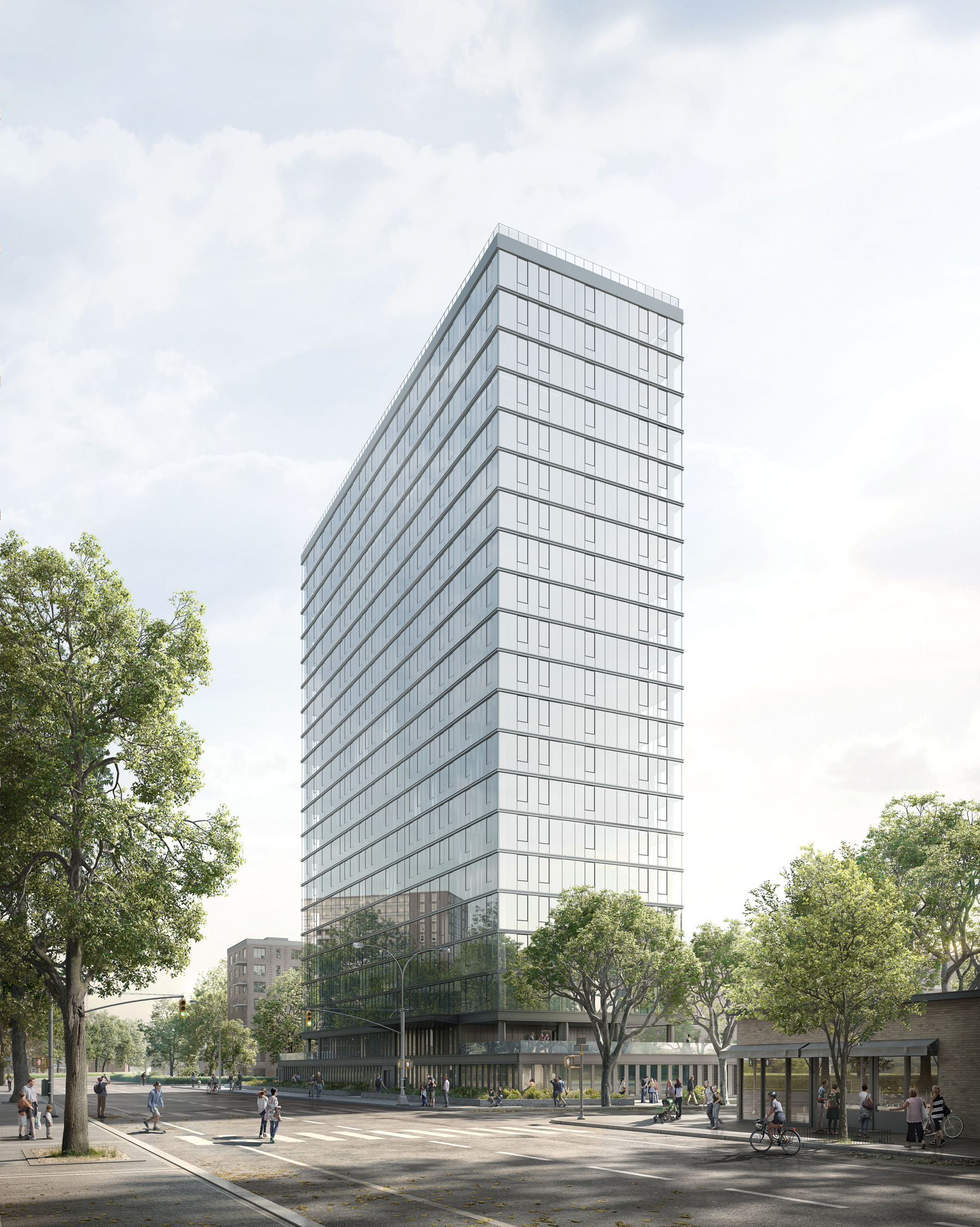Exterior view of CORE Rego Park luxury apartment building in Queens, showcasing modern glass architecture from street level.