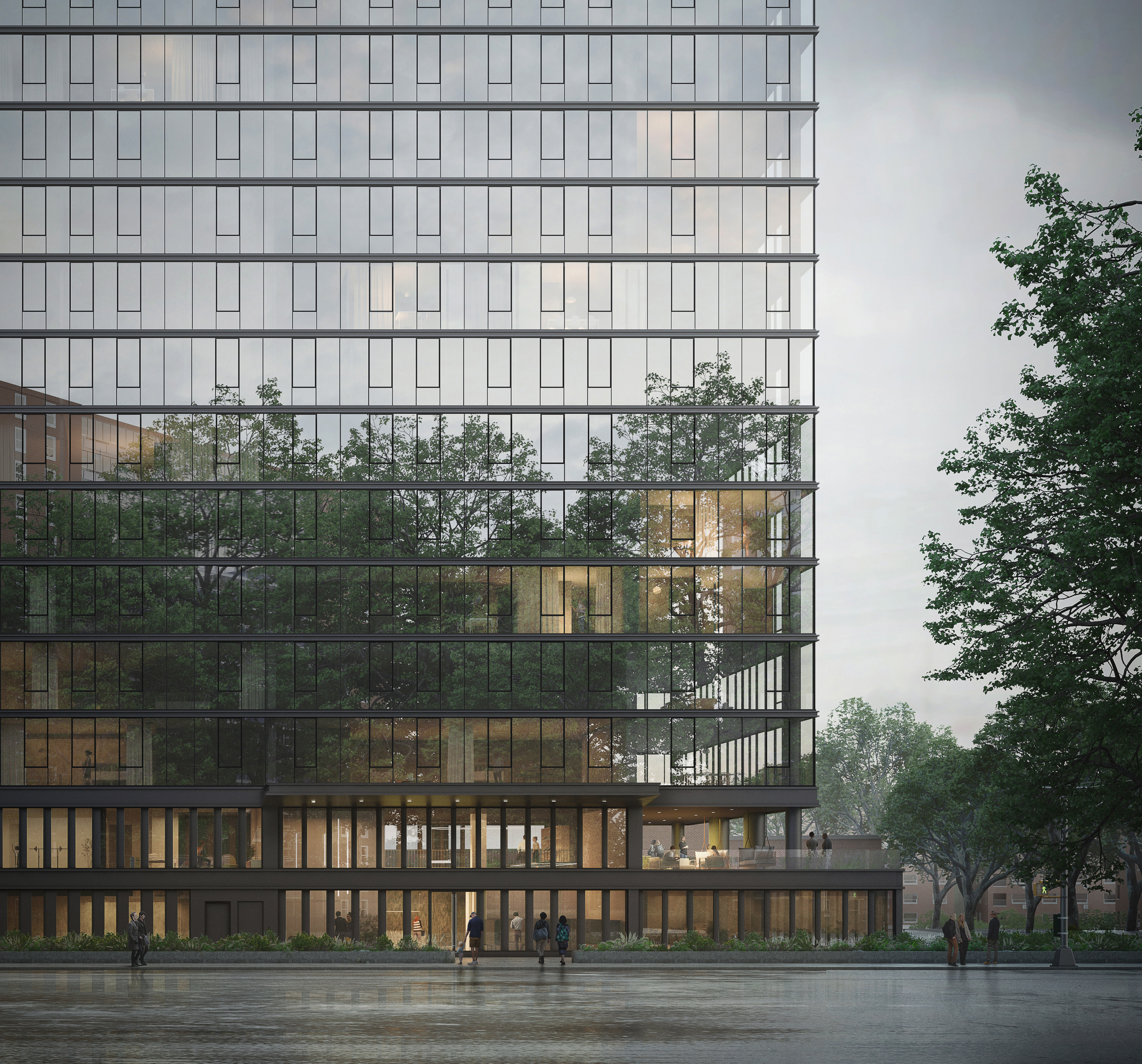 Modern glass facade of CORE Rego Park luxury apartments in Queens, reflecting trees and street-level activity.