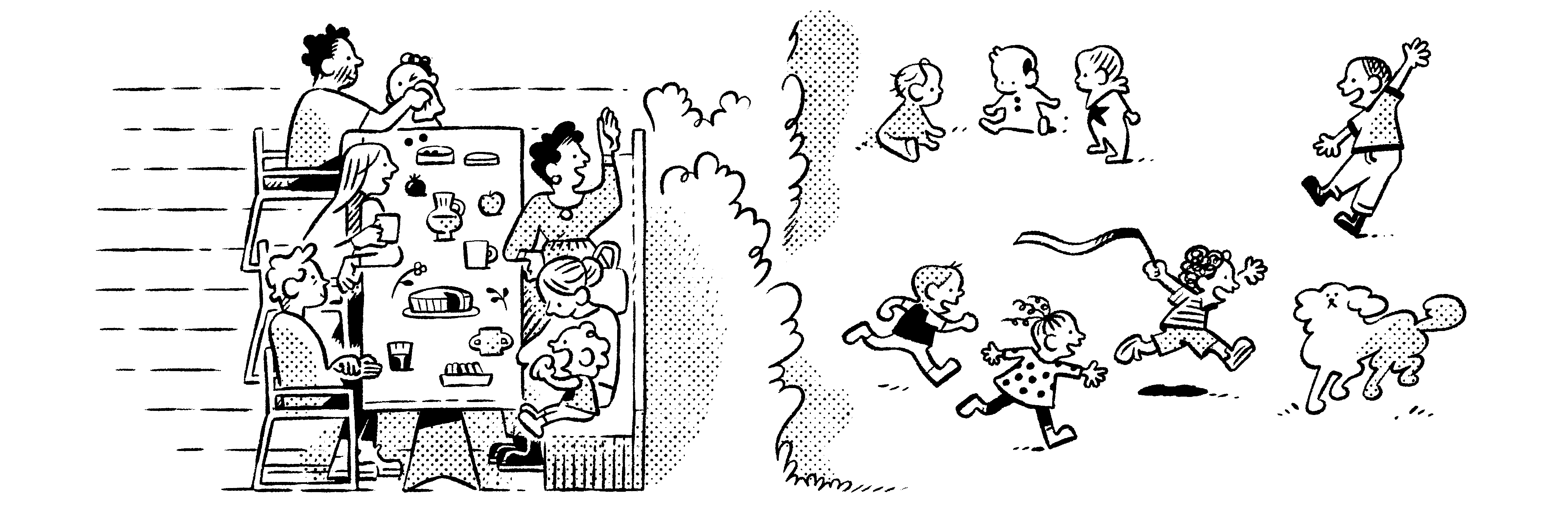 Illustration of families with kids at CORE Rego Park apartments amenity spaces, enjoying outdoor dining & playing in garden.