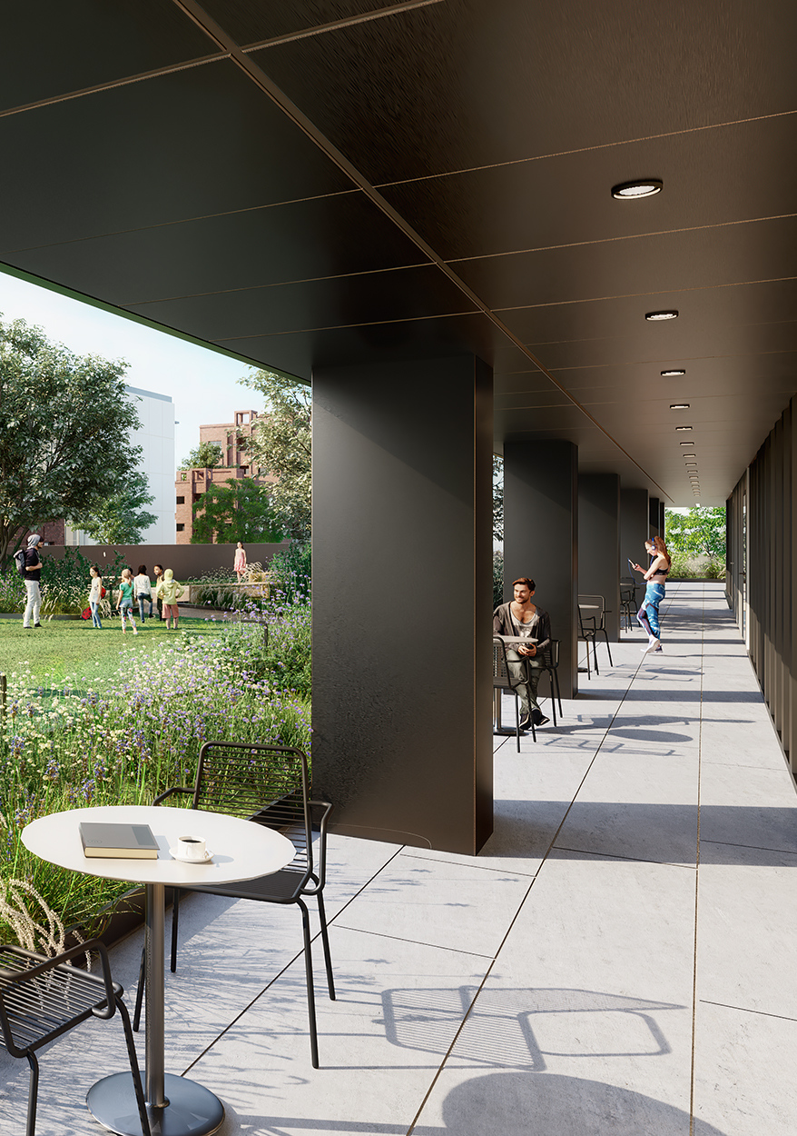 Residents enjoying CORE Rego Park's outdoor terrace with tables and green spaces at new luxury rentals at 98-10 63rd Rd, NYC.