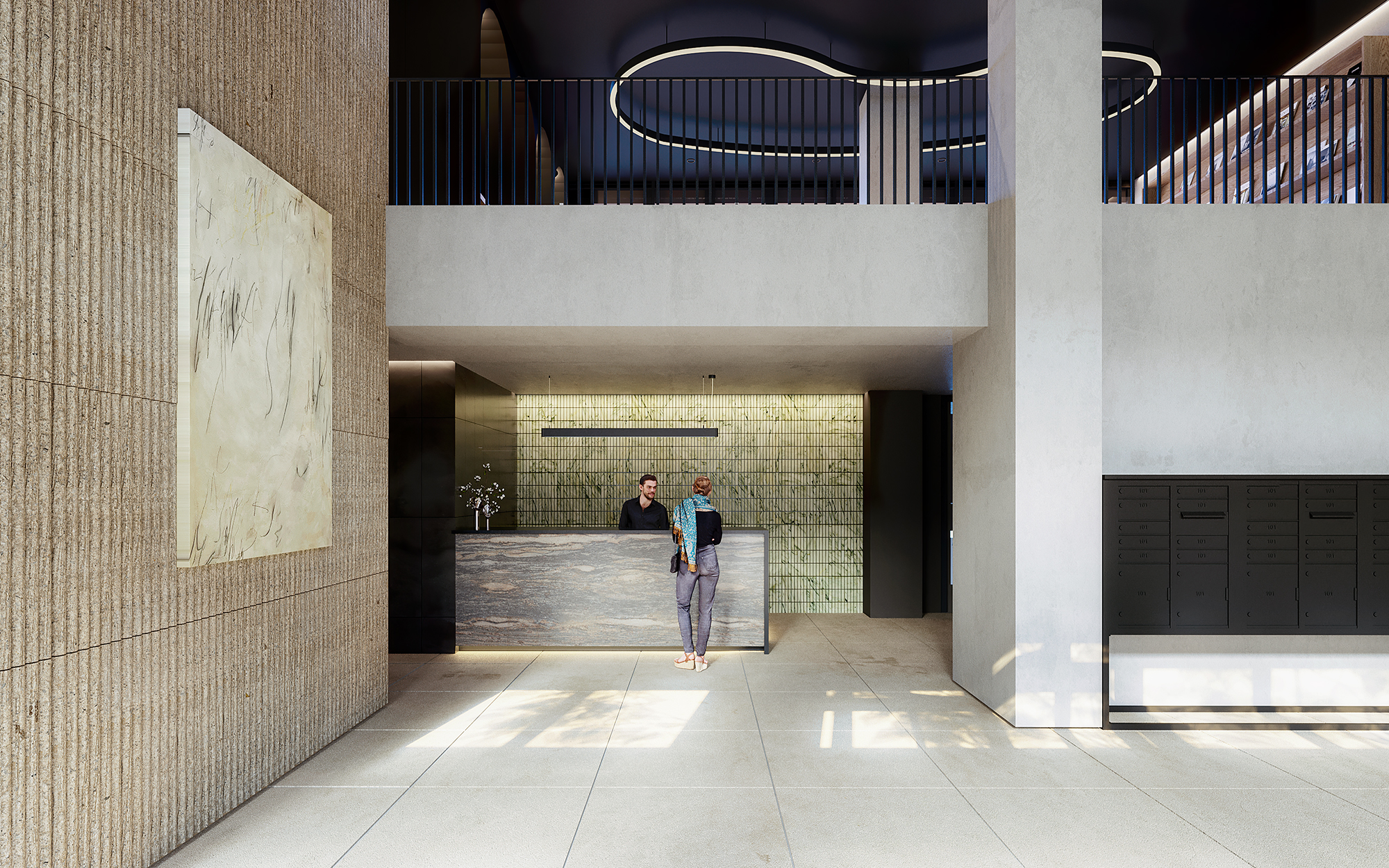 The modern and inviting lobby of CORE Rego NYC apartments, showcasing luxurious design and welcoming entrance for residents.